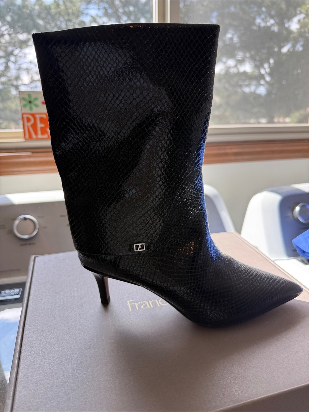 Franco Sarto Black Textured Pointed-Toe Mid-Calf Boot